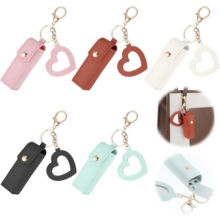 5-PAKKE Leppestiftholder Nøkkelring med Speil, PU-Lær Bærbar Leppestiftholder, Myk Lær Bærbar Leppestiftveske med Metall Nøkkelring