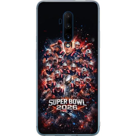 Yhteensopiva Puhelinkuori OnePlus 7T Pro Super Bowl 2026 juliste, jossa New England Patriots ja NFL-mestaruuspalkinto räjähtävän urheilullisessa suunn
