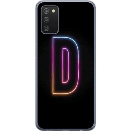 Kompatibel Mobilcover til Samsung Samsung Galaxy A02s Minimalistisk neonbogstav D i farveskiftende lys mod sort baggrund i moderne digital design