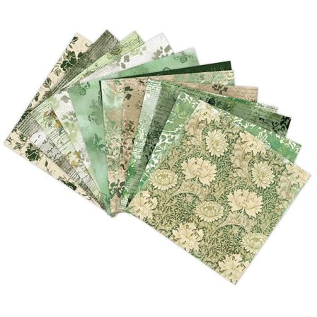 Scrapbooking-paperi - 12 arkkia vihreän sävyjä ja vintage-henkisiä kuvioita