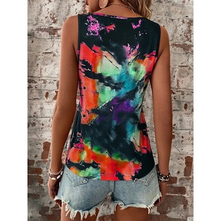 Dam V-ringad Tank Top Vacker Batik Lös Passform Sommar Ärmlös Väst för Vardagsbruk Röd XXL