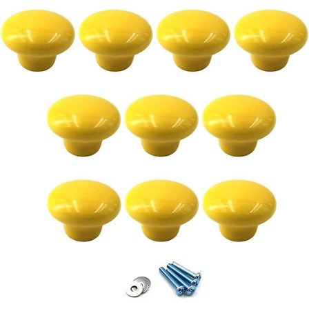 Keltaiset keraamiset vetimet ja nupit huonekaluihin, 10 kpl pakkaus (mukana ruuvit)