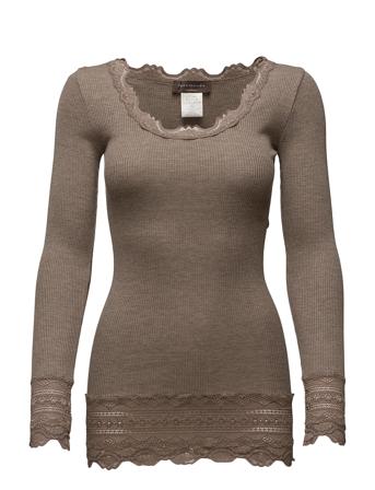 Silk T-Shirt Medium Ls W/Wide Lace T-shirts & Tops Long-sleeved Grå Rosemunde