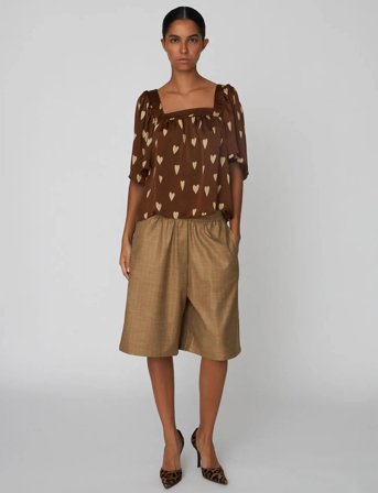 Stella Nova Heart Printed Silk Top - Brown - 34