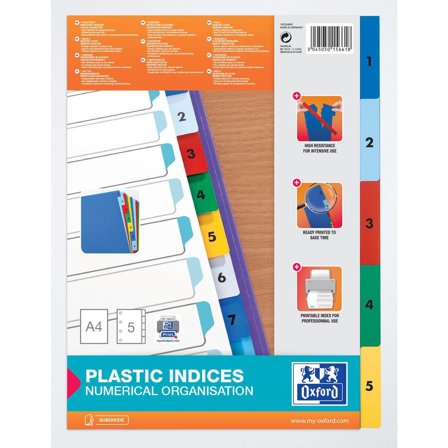Oxford Plastregister, polypropylen, 5 delar, 1-5, A4, olika färger - Lyreco - Kontorsmaterial - Pärmar och register - Plastregister - Tryckta
