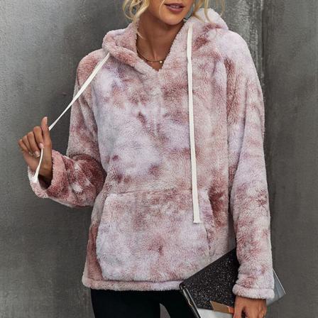 Kvinnor Dragstring Tie Dye Fuzzy Fleece Tröja Med Huva
