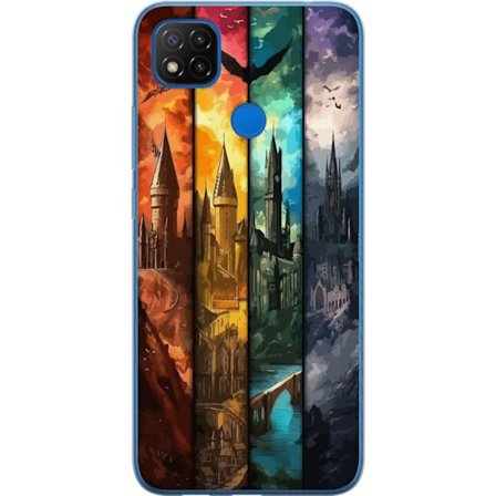 Kompatibel Mobilcover til Xiaomi Xiaomi Redmi 9C NFC Fire magiske slotte i forskellige elementfarver, episk fantasykunst med ild vand luft og mørke i