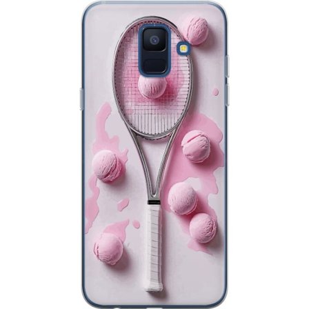 Kompatibel Mobilcover til Samsung Samsung Galaxy A6 (2018) Rosa glaskugler og tennisketsjer i et kreativt stillbillede med legende popfølelse og mode