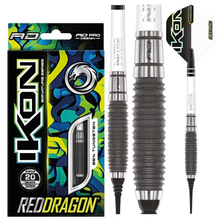 Red Dragon Darts Ikon 1.3 Soft Tip Darts, 18g, 85% Tungsten, Professional Steel Tip Darts, Grey, Black, White, Flights, Shafts