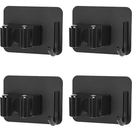 Kostholder Vægmonteret Rustfrit Stål Selvklæbende Moppeholder med Kroge til Køkken Have Altan Garage 4 stk. Sort