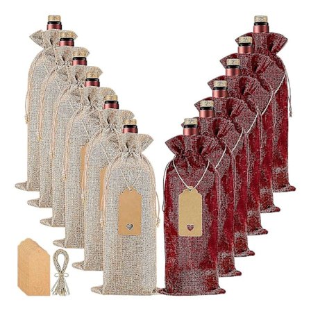 12 stk. Jutevinsposer og 12 stk. Gavemærker, Genanvendelige Vinsgaveposer med Træk snore, Vinflaske B