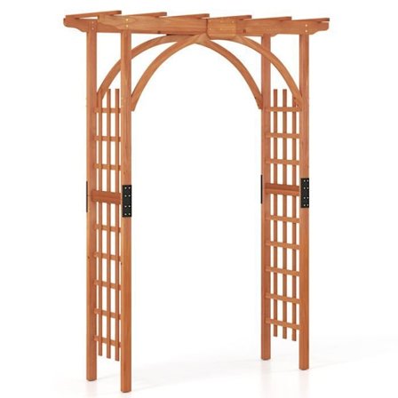 Havebue i træ med trellis 160x60x213 cm COSTWAY-Klatrestøtte-Traditionel pergola-tag-i fyrretræ-Brun-gul