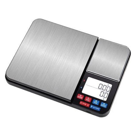 Digitaalinen keittiövaaka kahdella punnitusalustalla 10 kg/1 g ja 500 g/0,01 g