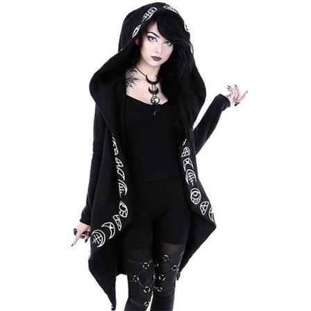 Kvinnor Gothic Snygg Punk Hooded Loose Jacka Ytterkläder Långärmad öppen främre kappa Halloween S