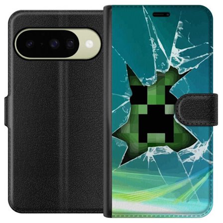 Kompatibelt Plånboksfodral till Google Google Pixel 10 Minecraft Creeper genom krossat glas med dramatisk explosionseffekt där ikoniska Creeper bryt