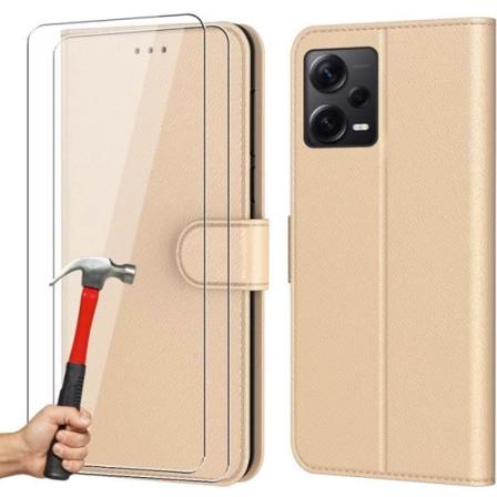 Etui til Redmi Note 12 Pro 5G + 2 hærdede briller - Stødsikker PU-læderbetræk pung guld gyllene