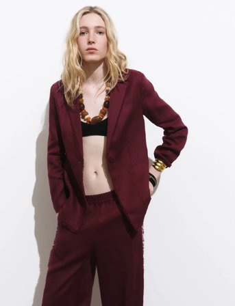 Mango Linen Suit Jacket With Frayed Ends - Burgundy - M