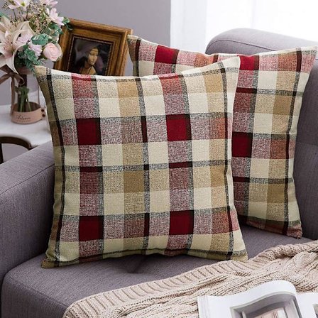 SZTXJ Sett med 2 Dekorative Putesett Plaid Tartan Lin Rustikk Bondegård Kvadratisk Putetrekk for Høst Høstdekor Benk Sofa Sofa Bil Soverom