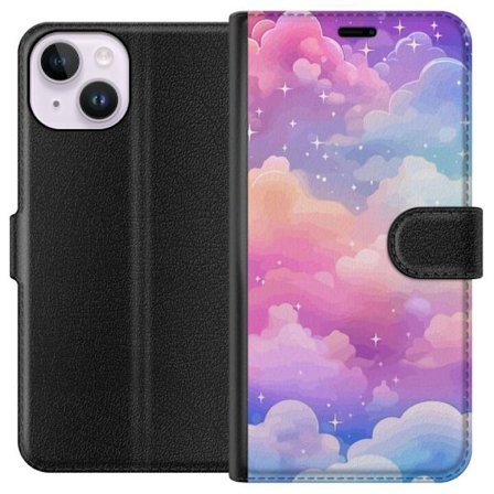 Kompatibelt Lommeboketui til Apple iPhone 14 Søt enhjørning med regnbuefarget hår mot en stjernebelagt pastellbakgrunn i kawaii-stil