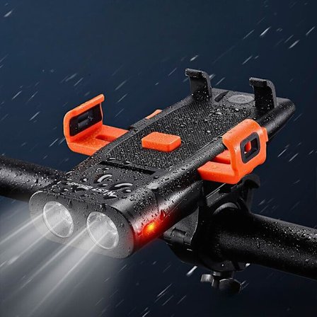 Genopladelig LED-lygte til el-løbehjul og cykel, 5-I-1 - Telefonholder, Indbygget Horn, Kraftig 500Lm Forlygte, 3000mAh Powerbank og Sideadvarsel