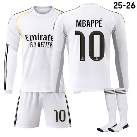 25-26 Real Madrid CF Hemmatröja Långärmad NO.10 MBAPPE Set Barn Vuxen Fotbollskit med Strumpor NO.10[GKS]
