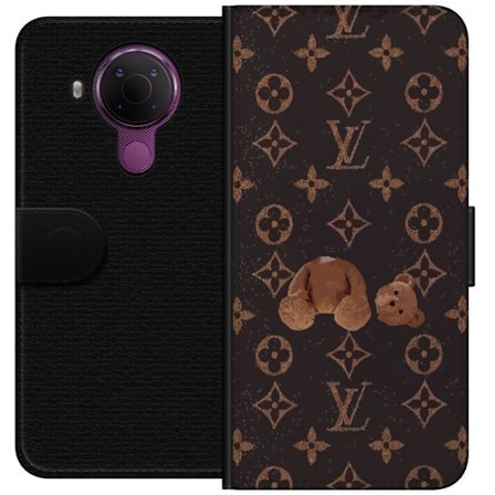 Kompatibel Tegnebogsetui til Nokia Nokia 5.4 Luksuriøst monogrammønster med knust bamse i mørk modeæstetik