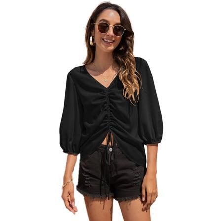 Kvinnors V-ringning mode sju-punkts ärm chiffong skjorta-svart