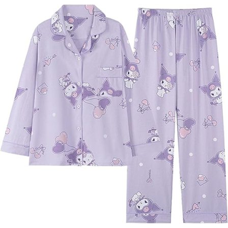 Dam Pyjamas Söta Tecknade Flickor Långärmad Skjorta med Pyjamas Hemkläder Tvådelad Pyjamasuppsättning Zi Kuromi