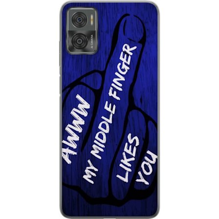 Kompatibelt Mobildeksel til Motorola Moto E22i Mørk typografisk illustrasjon med hjerteform og budskap om vennskap mot dyp blå tretekstur