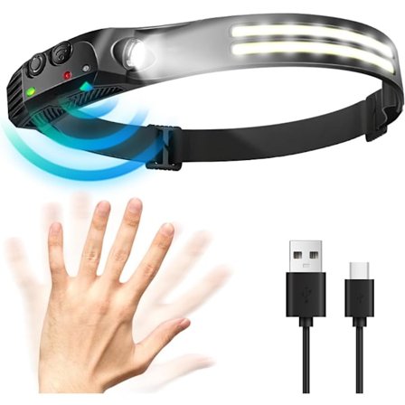 Vedenkestävä ladattava otsalamppu, 1200 lumenin LED-otsalamppu, 5 valaistustilaa, tyypin C ladattava otsalamppu, liikkeentunnistimella, IPX4-