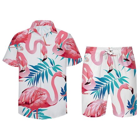 Allthemen Men's pink Flamingo Print Beach Shorts Beach Short-sleeved Shirt 2 Pcs