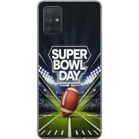 Kompatibelt Mobildeksel til Samsung Galaxy A71 Super Bowl Day plakat med amerikansk fotball på opplyst arena i dramatisk sportsdesign