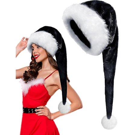 Julemandshat Lang Sort, Voksne Deluxe Sort og Hvid Julehat til Sort Juletema Nytår Festlig Feriefestartikler C