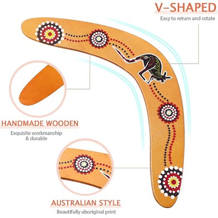 Treboomerang for barn og voksne - lett å kaste, kommer tilbake, med fargerikt kunstverk, V-formet