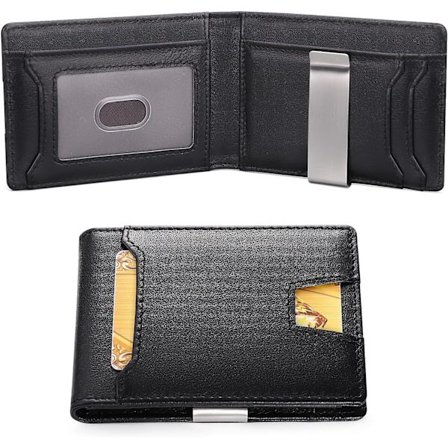 Svart - Herre skinn lommebok - Pansersikker kredittkortholder - Slank myntpung med pengesklips - (1 stk)