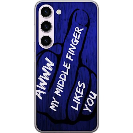 Kompatibelt Mobildeksel til Samsung Galaxy S23 Mørk typografisk illustrasjon med hjerteform og budskap om vennskap mot dyp blå tretekstur