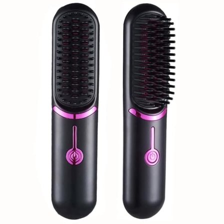 2-in-1 Cordless Flat Brush with Anti-Scald Protection – Electric Ceramic Hair Brush for Travel & Home Use