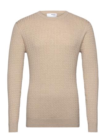 Slhberg Cable Crew Neck Noos Tops Knitwear Round Necks Beige Selected Homme