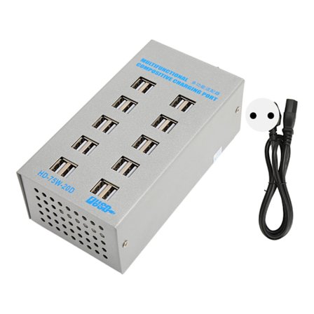 USB-latausasema 75W 20 porttia USB-laturi Piirisuoja USB-lataushubi 100-240V puhelimeen, tablettiin, kuulokkeisiin, EU-pistoke