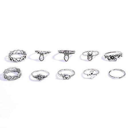 10 st/set Retro Boho Elefant Blomma Måne Ovan Knog Ringar Smycken