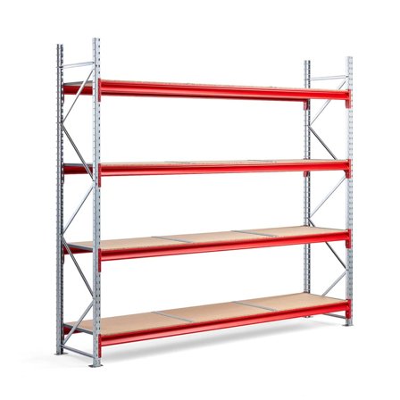 Lagerreol, grunnseksjon, H2500 B2800 D600 mm, 4 hyller i tre