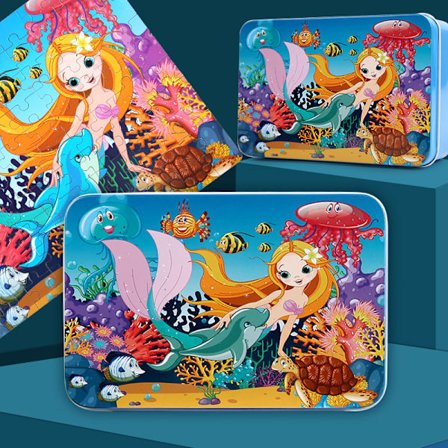 Nytt 100-brikkers trepuslespill i metallboks, tegneserie flypuslespill for barn, pedagogisk byggeklossleke for førskole 2