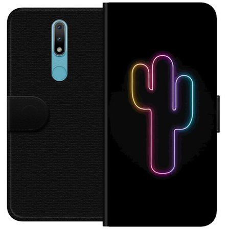 Yhteensopiva Lompakkokotelo Nokia Nokia 2.4 Neonpiirros kaktuksista vaaleanpunaisessa ja sinisessä valossa tummaa taustaa vasten