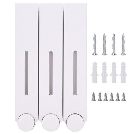 Veggmontert dusjsåpedispenser for flytende såpe med tre hoder sjampoautomater for hotellbad 6028 hvit tre kopper