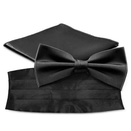 Black Pre-Tied Bow Tie, Pocket Square, and Cummerbund Set for Men - Bow Tie Sets
