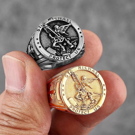 Arkängeln Mikael Exorcism Ring i Rostfritt Stål för Män Punk Amulet för Pojkvän Smycken Kreativitet Present