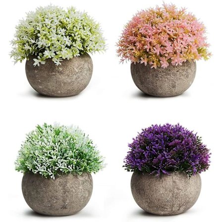 Kunstige planter i potte, falske miniplanter, fargerike blomster topiary busker i grå potte for bad, hjem, husdekor (sett med 4)