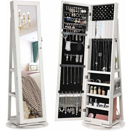 Rootz Jewellery spejlskab med fuldlængde spejl - Roterbar 360° smykkeopbevaring - Låsbar med nøgler