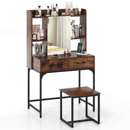 COSTWAY Sæt med Toiletteskab, Skammel og Spejl, Makeupbord med Opladningsstation, Skuffer, Åbne Hylder, Brun