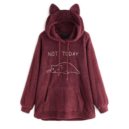 Oversized Fleece Hettegenser med Katteører Dame Høst Vinter Genser Dobbeltsidig Plysj Broderi